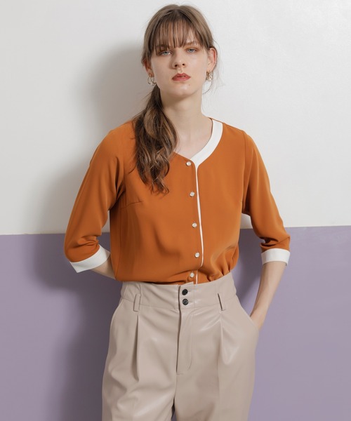 TONAL - TONAL シャツ ブラウス バイカラーフロントホック7分袖ブラウス TONAL - TONAL シャツ ブラウス バイカラーフロントホック7分袖