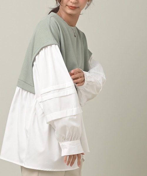 rps(アールピーエス)の「ワッフル×布帛レイヤー風ブラウス(シャツ/ブラウス・レディース・ミント/ブラック/ピンク・M)」の11枚目の写真