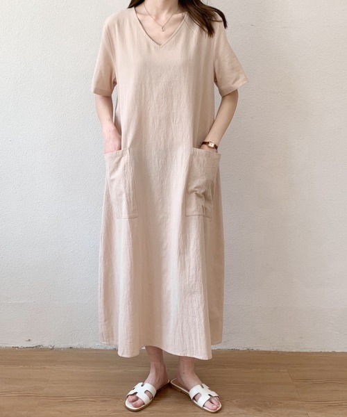 ABITOKYO(アビトーキョー)の「リネンライクVネックロングワンピース(ワンピース・レディース・ブラック/ベージュ/ピンク/グレー/ブラウン/オレンジ/イエロー/グリーン/ネイビー・M/L/XL)」の15枚目の写真