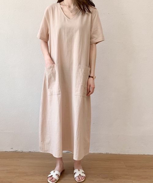 ABITOKYO(アビトーキョー)の「リネンライクVネックロングワンピース(ワンピース・レディース・ブラック/ベージュ/ピンク/グレー/ブラウン/オレンジ/イエロー/グリーン/ネイビー・M/L/XL)」の16枚目の写真