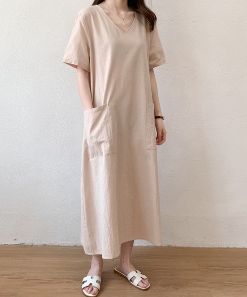 ABITOKYO(アビトーキョー)の「リネンライクVネックロングワンピース(ワンピース・レディース・ブラック/ベージュ/ピンク/グレー/ブラウン/オレンジ/イエロー/グリーン/ネイビー・M/L/XL)」の17枚目の写真