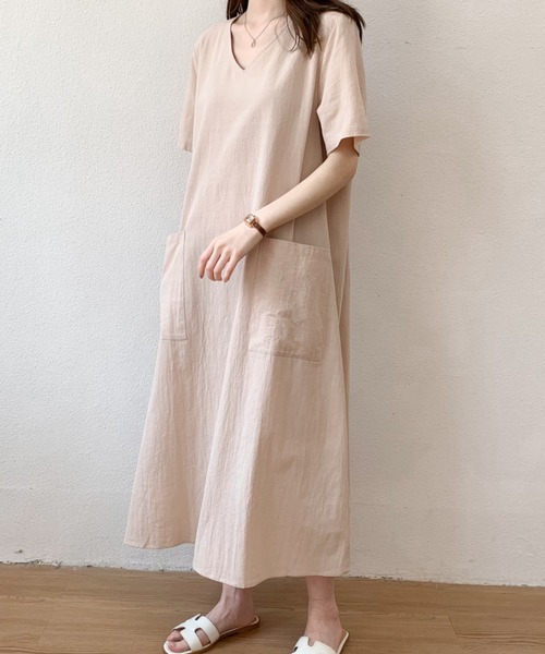 ABITOKYO(アビトーキョー)の「リネンライクVネックロングワンピース(ワンピース・レディース・ブラック/ベージュ/ピンク/グレー/ブラウン/オレンジ/イエロー/グリーン/ネイビー・M/L/XL)」の19枚目の写真