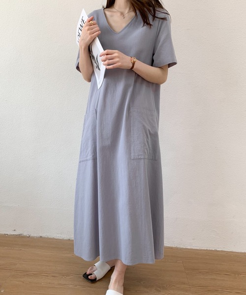 ABITOKYO(アビトーキョー)の「リネンライクVネックロングワンピース(ワンピース・レディース・ブラック/ベージュ/ピンク/グレー/ブラウン/オレンジ/イエロー/グリーン/ネイビー・M/L/XL)」の12枚目の写真