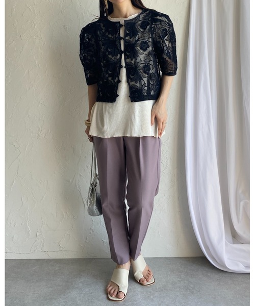 麻　刺繍　半袖　2way フレア　ロングワンピース　カーディガン リュクスな煌めきが流れる花刺繍裾のシアーロングカーディガン