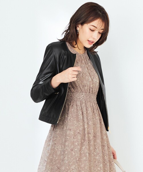 ANY SIS（エニィスィス）の「【本革】ノーカラーラムレザー ジャケット（ノーカラージャケット・レディース・ブラック系/ベージュ系・2/3/1）」の2枚目の写真