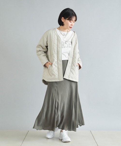 DouDou（ドゥドゥ）の「【WEB限定】パターンミックスキルティングハーフジャケット（ノーカラーコート・レディース・ライトグレー/ブラック・FREE）」の13枚目の写真