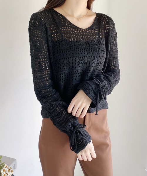 CLEA(クレア)の「クロップドメッシュ編みニット(ニット/セーター・レディース・ホワイト/ブラック/アイボリー・FREE)」の19枚目の写真