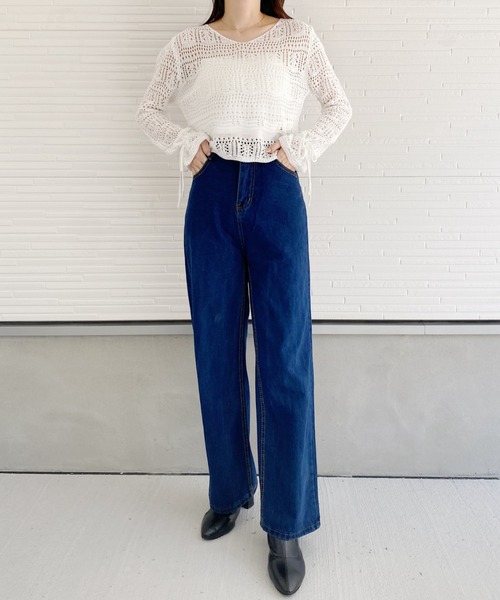 CLEA(クレア)の「クロップドメッシュ編みニット(ニット/セーター・レディース・ホワイト/ブラック/アイボリー・FREE)」の5枚目の写真