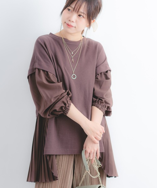 Wordtrobe（ワードトローブ）の「【wordtrobe】ワッフルx布帛コンビペプラム チュニック（シャツ/ブラウス・レディース・チャコールグレー/ベージュ/ブラウン/カーキ・FREE）」の3枚目の写真