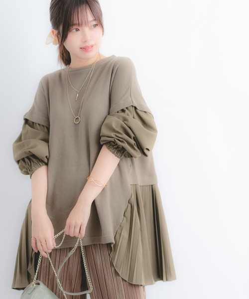 Wordtrobe（ワードトローブ）の「【wordtrobe】ワッフルx布帛コンビペプラム チュニック（シャツ/ブラウス・レディース・チャコールグレー/ベージュ/ブラウン/カーキ・FREE）」の4枚目の写真