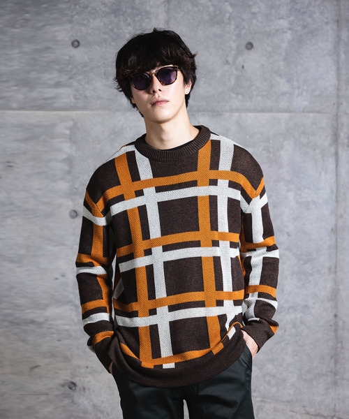 NIDO（ニド）の「チェック柄ニットプルオーバー（ニット/セーター・メンズ・ブラウン/ブルー・M/L）」の2枚目の写真