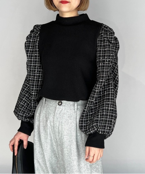 PICCIN(ピッチン)の「チェック切り替えリブニットプルオーバー(Tシャツ/カットソー・レディース・オフホワイト/ブラック・M/L)」の2枚目の写真