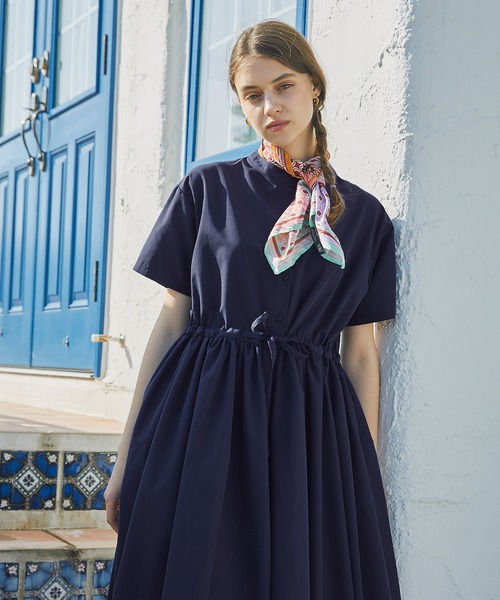 PURIL（ピュリル）の「【PURIL】スタンドカラー2wayウェストリボン付き 半袖ゆるシャツワンピース（シャツワンピース・レディース・ベージュ/ネイビー/ブルー・S/M）」の16枚目の写真