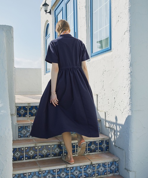 PURIL（ピュリル）の「【PURIL】スタンドカラー2wayウェストリボン付き 半袖ゆるシャツワンピース（シャツワンピース・レディース・ベージュ/ネイビー/ブルー・S/M）」の21枚目の写真