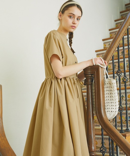 PURIL（ピュリル）の「【PURIL】スタンドカラー2wayウェストリボン付き 半袖ゆるシャツワンピース（シャツワンピース・レディース・ベージュ/ネイビー/ブルー・S/M）」の5枚目の写真