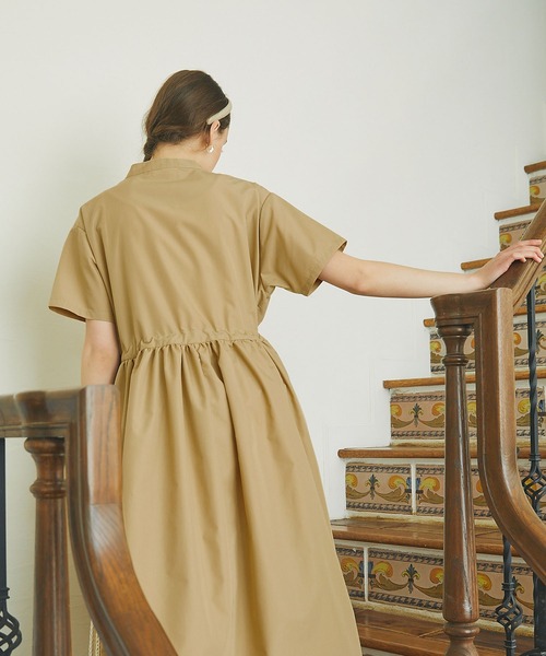 PURIL（ピュリル）の「【PURIL】スタンドカラー2wayウェストリボン付き 半袖ゆるシャツワンピース（シャツワンピース・レディース・ベージュ/ネイビー/ブルー・S/M）」の6枚目の写真