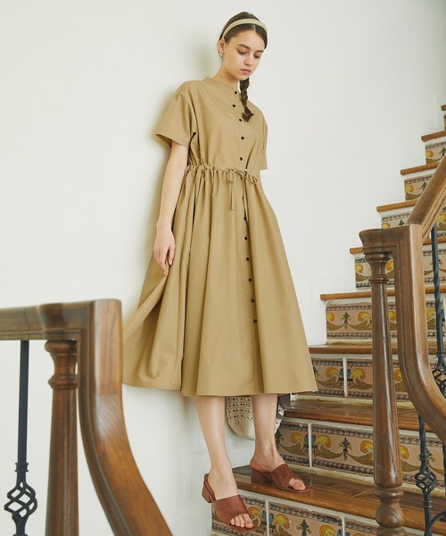 PURIL（ピュリル）の「【PURIL】スタンドカラー2wayウェストリボン付き 半袖ゆるシャツワンピース（シャツワンピース・レディース・ベージュ/ネイビー/ブルー・S/M）」の11枚目の写真