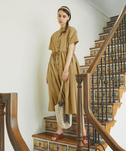 PURIL（ピュリル）の「【PURIL】スタンドカラー2wayウェストリボン付き 半袖ゆるシャツワンピース（シャツワンピース・レディース・ベージュ/ネイビー/ブルー・S/M）」の8枚目の写真