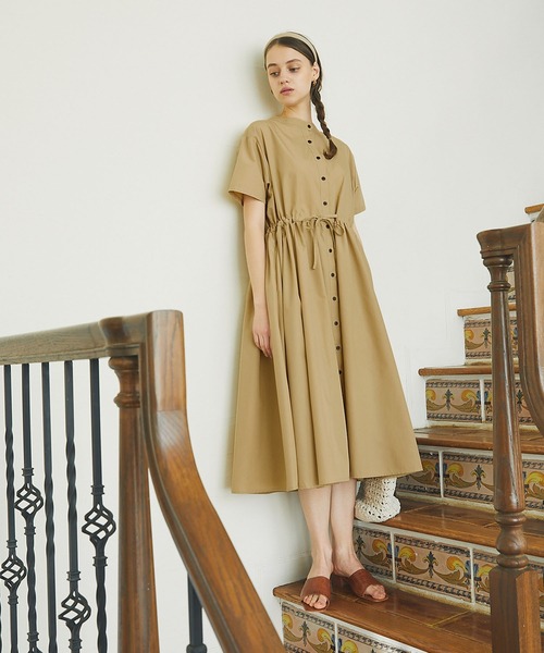 PURIL（ピュリル）の「【PURIL】スタンドカラー2wayウェストリボン付き 半袖ゆるシャツワンピース（シャツワンピース・レディース・ベージュ/ネイビー/ブルー・S/M）」の13枚目の写真