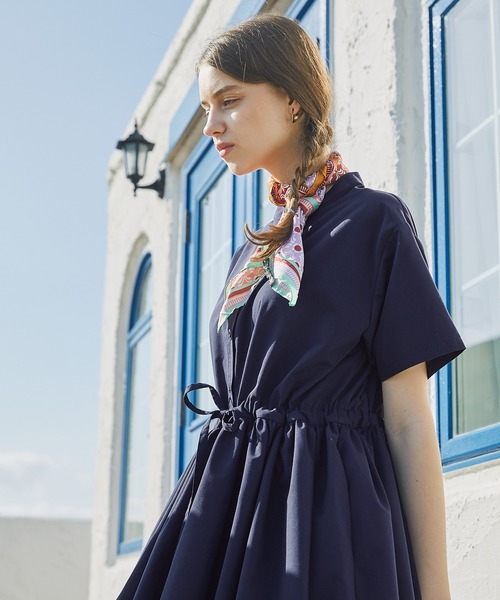 PURIL】スタンドカラー2wayウェストリボン付き 半袖ゆるシャツ