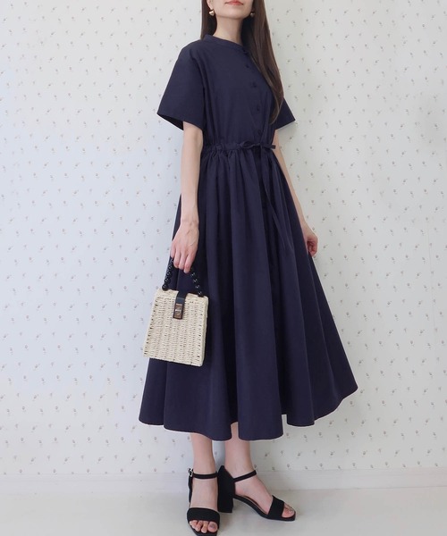 PURIL】スタンドカラー2wayウェストリボン付き 半袖ゆるシャツ