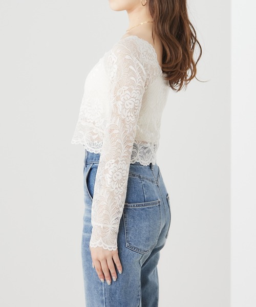 Chico(チコ)の「【SALON by Chico限定】ショート丈パット付きレーススクエアトップス(Tシャツ/カットソー・レディース・ネイビー/ピンク/アイボリー・FREE)」の5枚目の写真
