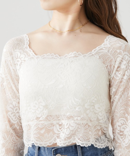Chico(チコ)の「【SALON by Chico限定】ショート丈パット付きレーススクエアトップス(Tシャツ/カットソー・レディース・ネイビー/ピンク/アイボリー・FREE)」の7枚目の写真