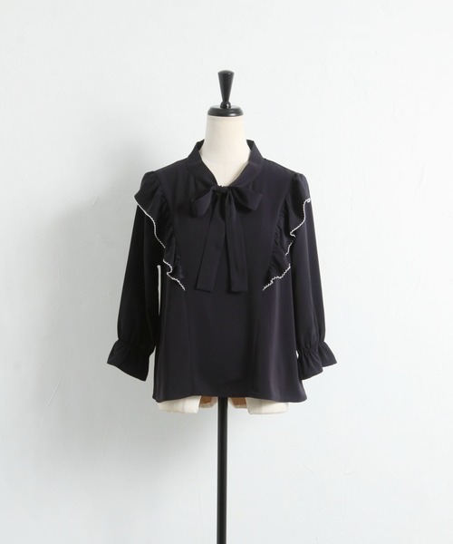 tocco closet（トッコ　クローゼット）の「配色ライン入りラッフルフリルボウタイリボンブラウス（シャツ/ブラウス・レディース・ネイビー/オフホワイト/チャコール・M）」の19枚目の写真