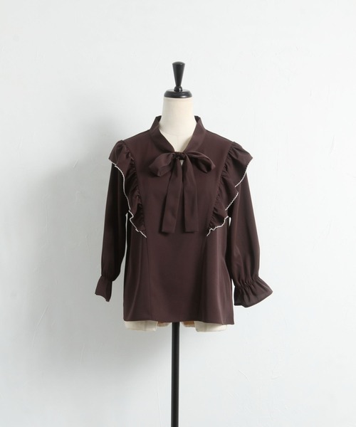 tocco closet（トッコ　クローゼット）の「配色ライン入りラッフルフリルボウタイリボンブラウス（シャツ/ブラウス・レディース・ネイビー/オフホワイト/チャコール・M）」の20枚目の写真