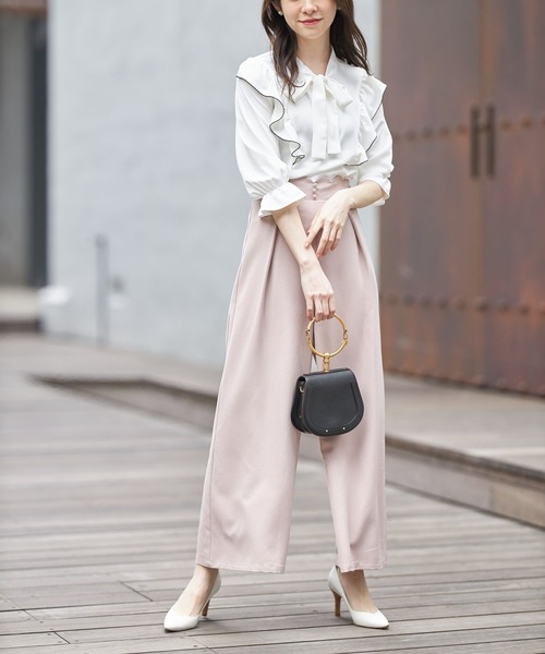 tocco closet（トッコ　クローゼット）の「配色ライン入りラッフルフリルボウタイリボンブラウス（シャツ/ブラウス・レディース・ネイビー/オフホワイト/チャコール・M）」の4枚目の写真
