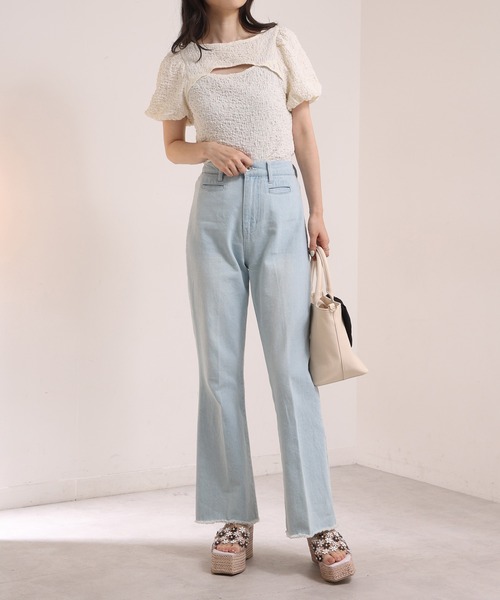 one after another NICE CLAUP（ワンアフターアナザーナイスクラップ）の「胸あきしぼしぼトップス（Tシャツ/カットソー・レディース・オフホワイト/ブラック/サーモンピンク・FREE）」の9枚目の写真