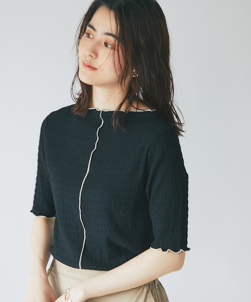 un dix cors（アンディコール）の「インナーに大活躍　ボートネック配色メロウプルオーバー（Tシャツ/カットソー・レディース・ブラック/オフホワイト/オレンジ・FREE）」の7枚目の写真