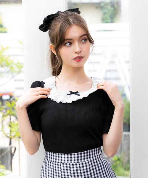 DearMyLoveRose(ディアマイラブローズ)の「コットンレース襟リブトップス(Tシャツ/カットソー・レディース・ホワイト/ブラック/ピンク・MEDIUM/LARGE/X-LARGE/XX-LARGE)」の3枚目の写真