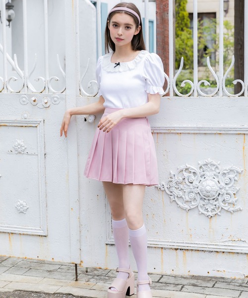 ローズ ラッフル フリル 半袖 フェミニン Tシャツ トップス コットンレース襟リブトップス（Tシャツ/カットソー