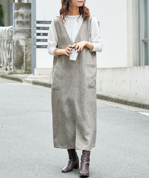 インナー付き ミックスツイードvネックワンピース Organicfarmermag Com