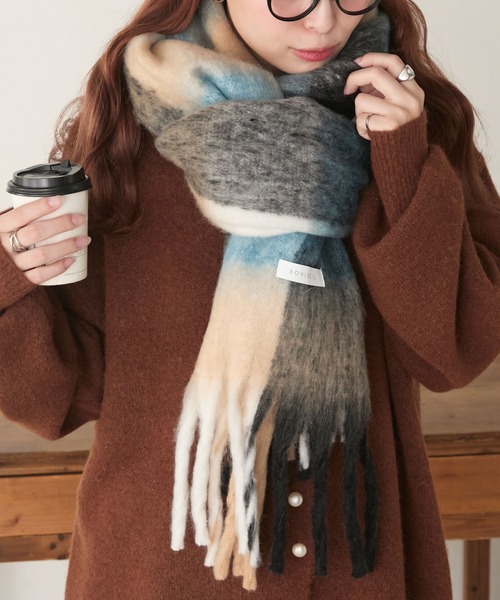 セール】マルチチェック柄 ボリュームフリンジマフラー（マフラー