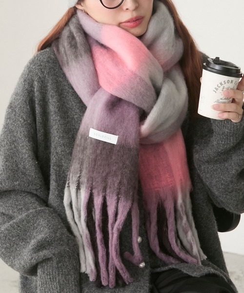 セール】マルチチェック柄 ボリュームフリンジマフラー（マフラー