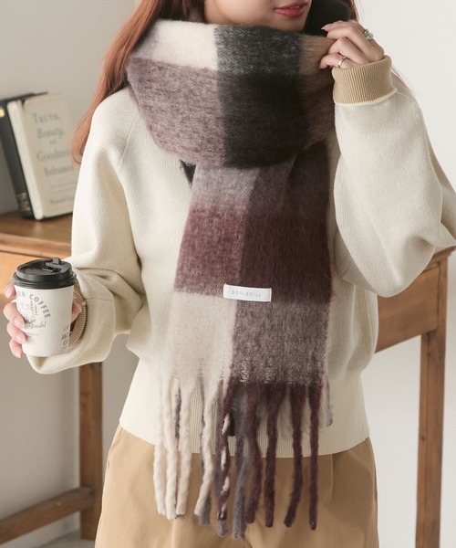 セール】マルチチェック柄 ボリュームフリンジマフラー（マフラー