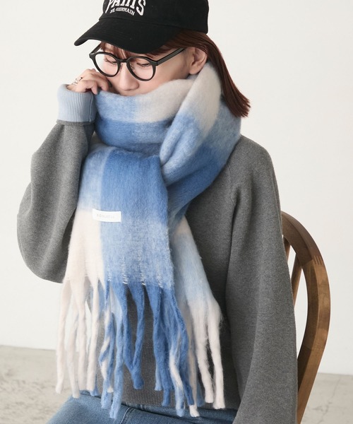 セール】マルチチェック柄 ボリュームフリンジマフラー