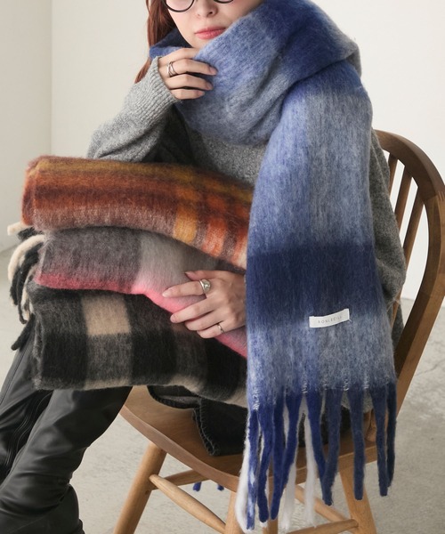 セール】マルチチェック柄 ボリュームフリンジマフラー（マフラー