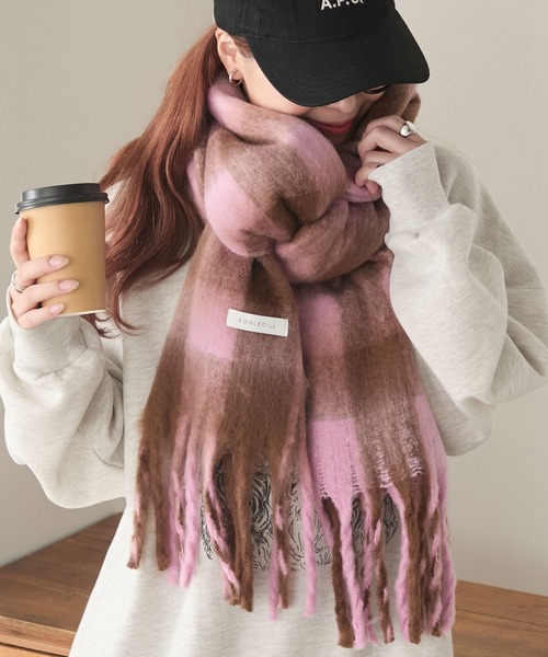 セール】マルチチェック柄 ボリュームフリンジマフラー