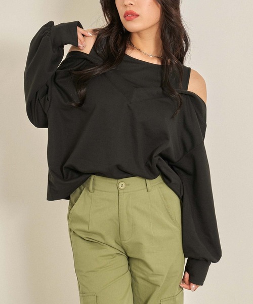 ANAP（アナップ）の「カットソードッキングデザイントップスカットソー（Tシャツ/カットソー・レディース・ブラック/グレー/ホワイト・FREE）」の2枚目の写真