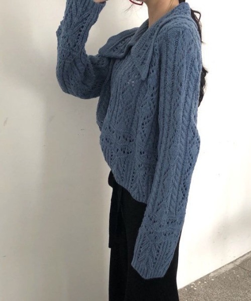 mebole(メボレ)の「ビッグカラーかぎ編みニット(ニット/セーター・レディース・ブルー/ホワイト・FREE)」の12枚目の写真