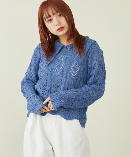 mebole(メボレ)の「ビッグカラーかぎ編みニット(ニット/セーター・レディース・ブルー/ホワイト・FREE)」の10枚目の写真