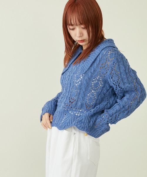 mebole(メボレ)の「ビッグカラーかぎ編みニット(ニット/セーター・レディース・ブルー/ホワイト・FREE)」の9枚目の写真