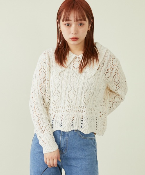 mebole(メボレ)の「ビッグカラーかぎ編みニット(ニット/セーター・レディース・ブルー/ホワイト・FREE)」の19枚目の写真