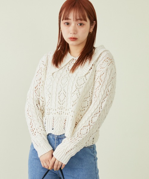 mebole(メボレ)の「ビッグカラーかぎ編みニット(ニット/セーター・レディース・ブルー/ホワイト・FREE)」の22枚目の写真