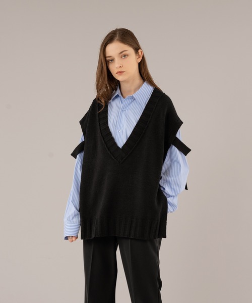 selle glant（セレグランテ）の「VNECK OPEN KNIT VEST/Ⅴネックオープンニットベスト（ベスト・メンズ・ブラック/グレイッシュベージュ・MEDIUM/LARGE）」の3枚目の写真