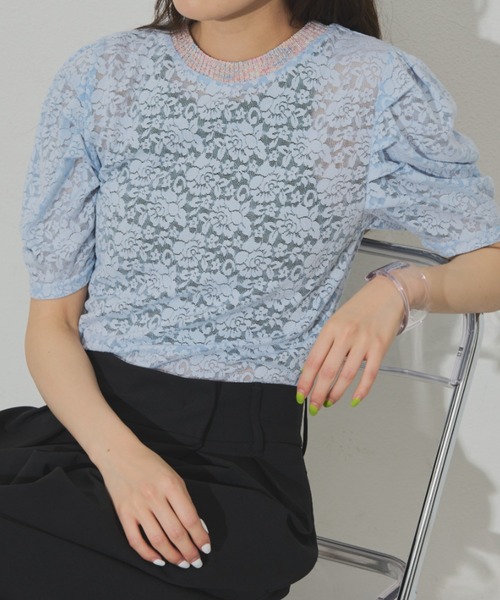 Solace(ソレイス)の「レースストレッチパワショルプルオーバー(Tシャツ/カットソー・レディース・アイボリー/ブラック/ライトブルー・FREE)」の3枚目の写真