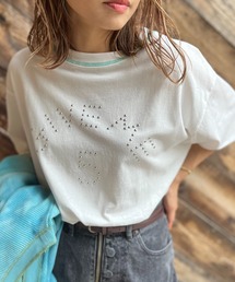 mi via loca | 配色ステッチ シルバー スタッズロゴTシャツ(Tシャツ/カットソー)